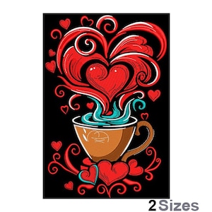 Könnte beinhalten: Eine braune Kaffeetasse mit rotem herzförmigem Dampf, der aus ihr aufsteigt. Der Dampf ist von Spiralen und Herzen umgeben. Der Hintergrund ist schwarz.