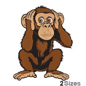 Puede incluir: Una ilustración de dibujos animados de un mono marrón cubriéndose las orejas con las manos. El mono tiene un cuerpo marrón, una cara marrón claro y ojos grandes y redondos.