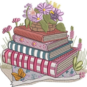 Stack Of Books Embroidery - Books Embroidery - Floral Embroidery - Machine Embroidery Design - Digital Instant Download- 2 Sizes