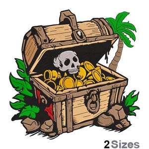 Op de afbeelding: Een cartoonillustratie van een houten schatkist die overloopt met gouden munten en een schedel. De kist is open en omringd door groene palmbladeren.