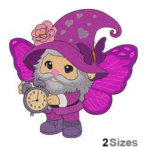 May include: A whimsical gnome design with a purple hat adorned with hearts and a pink flower. The gnome has a white beard, holds a clock, and has butterfly wings. The design is in shades of purple, pink, and tan. The text "2 Sizes" is at the bottom.