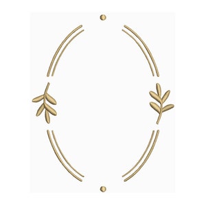 May include: A gold oval frame with two small gold dots at the top and bottom. The frame is decorated with two gold leaf sprigs on either side.