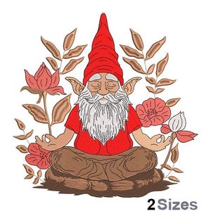 Könnte beinhalten: Ein rotmütziger Zwerg mit weißem Bart sitzt in meditativer Pose auf einem braunen Felsen, umgeben von Blumen. Der Zwerg hat die Augen geschlossen und trägt ein rotes Hemd.