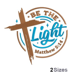 May include: A brown cross with a blue circle around it. The circle has the text "Be the Light" and "Matthew 5:14" in a white font.