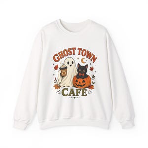 Ghost Town Cafe sweatshirt | Halloween ghost, black cat, pumpkin design