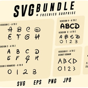 May include: A digital download of six different font styles in SVG, EPS, PNG, and JPG formats. The fonts include a handwritten style, a Disney-inspired style, and a more traditional style. The download also includes freebies.