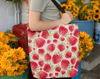 Strawberry Tote Bag Strawberry Lover Gift Spring Tote Bag Shopper Summer Bag Eco Friendly Bag Reusable Grocery Tote Cute Tote Farmers Market