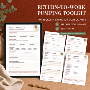 May include: A digital Return-to-Work Pumping Toolkit for lactation consultants, featuring a tablet displaying a snapshot form and several printed pages including a caregiver feeding plan, pumping rhythm, and log, all in US Letter and A4 formats.