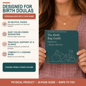 May include: A square board book titled The Birth Bag Guide with a dark teal cover featuring white line art of a person on a birth ball and a doula. The text includes A Quick-Reference Guide For Birth Doulas and Prepared For: Jennifer Lawrence.