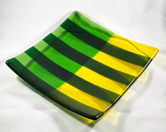 Green Apple Mod Stripe Fused Glass Dish Art