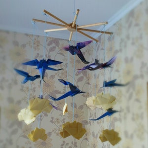 Origami mobile, Gift for mother and baby, Eco friendly baby mobile, Birds and clouds mobile, Paper mobile, Nursery decor, Nature mobile.