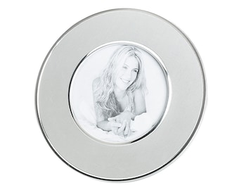 Silver Round Picture Frame - Two Tone Brush Finish w/Shiny Silver Inlay, Holds 4" x 4" Photo,  Custom Engraved Frame,  Personalized Frame