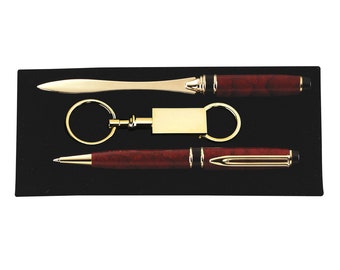 Pen, letter opener and key chain gift set wine color