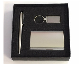 Executive Gift Set -Silver Business Card Case, Pen & Key Chain Set