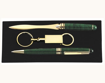 Pen,letter opener and key chain gift set green