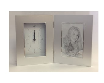 Silver Metal Picture Frame w/Clock.  Holds 4" x 6" Photo.   Personalized Picture Frame, Unique Photo Frame, Custom Engraved Picture Frame