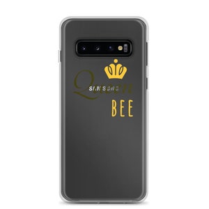 May include: A black phone case with a clear back and a gold crown and the text "Queen Bee" printed on the back.