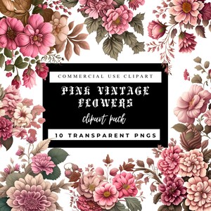 Cliparts de fleurs vintage roses - 10 PNG transparents, style campagnard, éphémères de scrapbooking, faire-part de mariage, art floral, joli, mignon