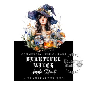 Mooie heks enkele clipart - Pretty Halloween, paddestoelenthema, bloemen, ongewenste dagboek, uitnodigingen, digitale kunst, sublimatie, mooi