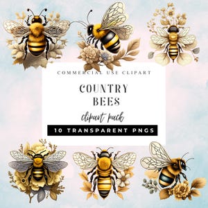 Cliparts d'abeilles campagnardes - Style Cottagecore, 10 PNGS, éphémères, scrapbooking, fantaisiste, thème floral, art du journal indésirable, usage commercial