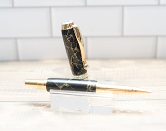 Black Gold Tru-Stone Triton Rollerball Pen, 24k Gold Accents, Handmade Executive Writing Tool