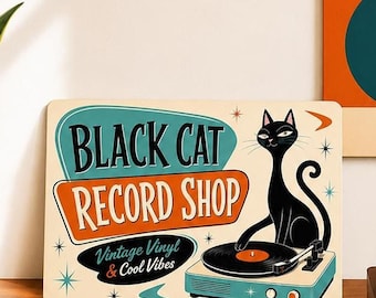 Black Cat Record Shop Sign for Vintage Vinyl Lovers