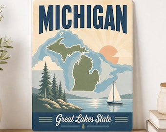 Michigan Great Lakes Sign, Soft Coastal Lakehouse Decor, 8x10 Aluminum Wall Art