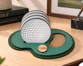 Golf Coasters With Holder, Cork Backed Set of Four, 4" round