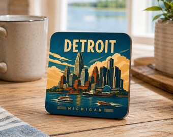 Detroit Michigan Coasters | Retro Travel Poster Decor | Motor City Gift Set