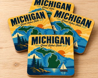 Michigan Coasters Set, Retro Aluminum Design for Lake Lovers