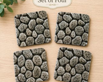 Michigan Coasters Set of Four, Faux Petoskey Stone Design with Cork Backing