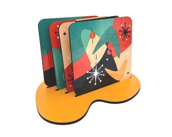 Retro Coasters with Holder, Atomic Mid-Century MDF Table Decor