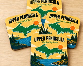 Upper Peninsula Coasters Set, Michigan Lake House Decor, Retro Up North Gift