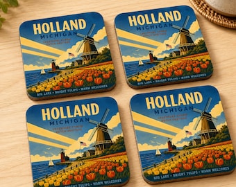 Holland Michigan Coaster Set, Tulip Windmill Lake Decor