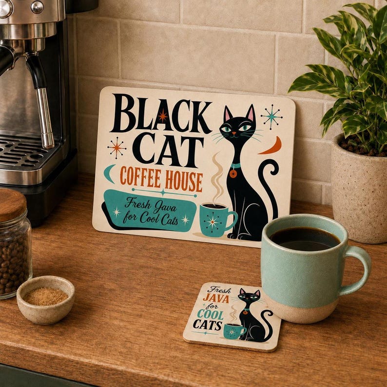 Retro Black Cat Coffee Coasters, Mid Century Atomic Star Design Set - Etsy