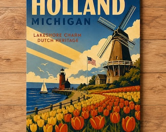 Holland Michigan Sign, Vintage Lakeshore Wall Decor With Tulips and Windmill