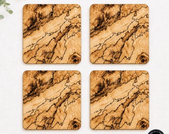 Faux Wood Look Spalted Maple Coasters, MDF Rustic Printed Grain, Cork Back