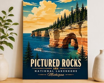 Lake Superior Pictured Rocks, Michigan WPA Travel Poster Style
