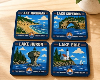 Great Lakes Coaster Set with Retro Michigan Views