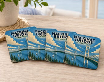 Mackinac Bridge Coaster Set, Vintage Michigan Lake House Decor