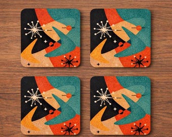 Mid Century Decor Atomic Starburst MCM Coaster Set, Retro Geometric Drink (Set of 4)