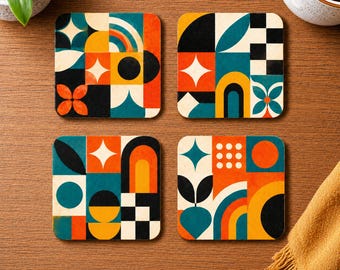 Retro Mid Century Geometric Coasters Set Bright MCM Drink Decor