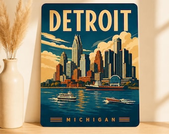 Detroit Decor Wall Sign, Vintage Aluminum with WPA-Style Design