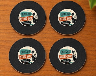 Round Black Cat Record Coasters, Retro Music Decor for Cat Lovers