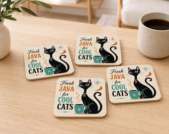 Retro Black Cat Coffee Coasters, Mid Century Atomic Star Design Set