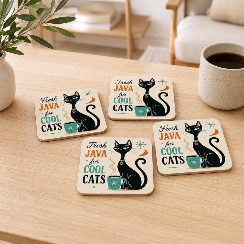 Retro Black Cat Coffee Coasters, Mid Century Atomic Star Design Set - Etsy