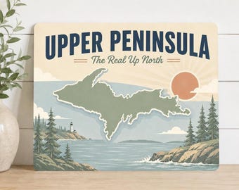 Upper Peninsula Michigan Sign, Soft Coastal Lakehouse Decor, 10x8 Aluminum Wall Art