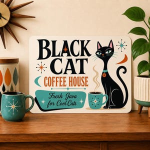 Black Cat Coffee House Sign, Mid Century Retro Kitchen Decor