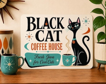 Black Cat Coffee House Sign, Mid Century Retro Kitchen Decor