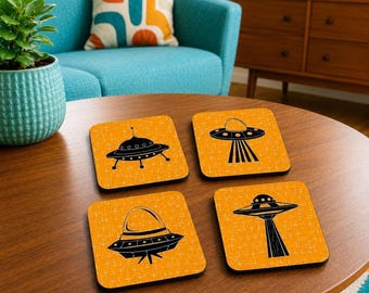 Retro Orange UFO Coasters for Halloween and Mid Century Decor